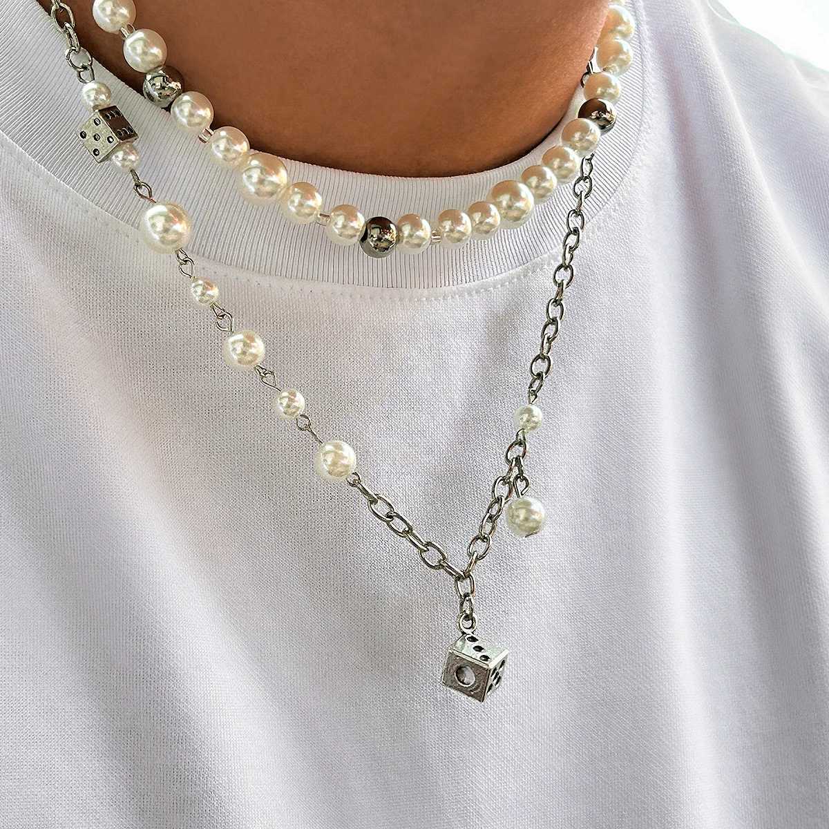Salicon Steampunk Metal Dice Pendant Short Necklace Mens Gothic Imitation Pearl Chain Cravik Necklace Aesthetic Necklace Jewelry Y250422