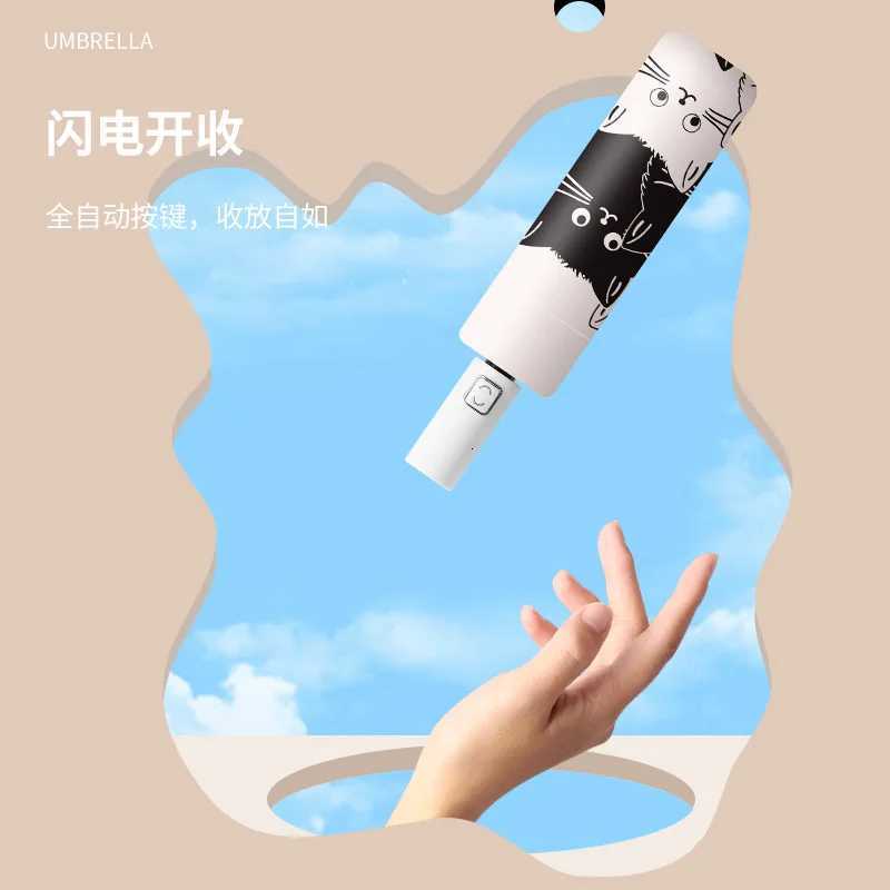 Cat Umbrellas Portable Rain And Sun Dual-Use Umbrella Automatic Folding Black Coating Anti UV Umbrella Kids Parasol Girls BoysM251122