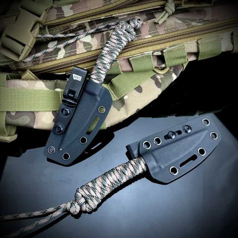MKC outdoor straight knife nylon rope handle pocket scabbard suitable for climbing hunting fishing and mens giftsXJ250421