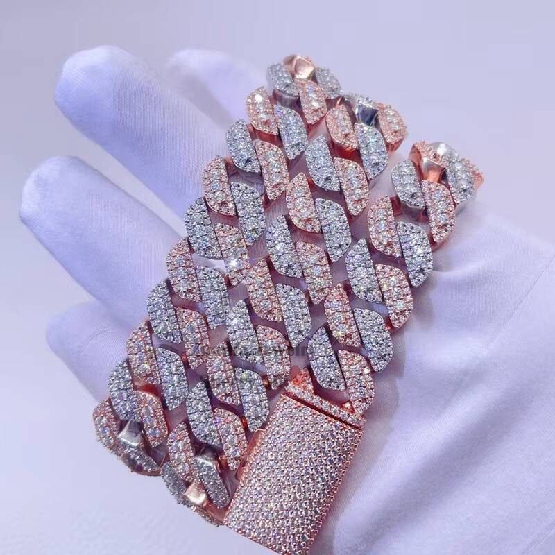 Rose Gold 2 Tone Plated Over Sterling Silver 15 mm Vvs Moissanite Hip Hop Cuban Link Chain