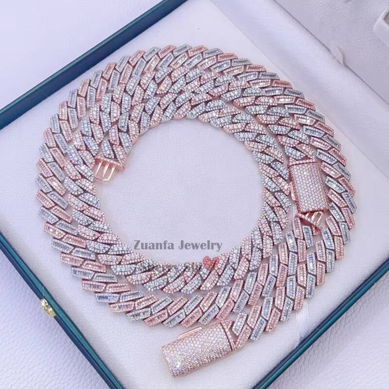 Rose Gold 2 Tone Plated Over Sterling Silver 15 mm Vvs Moissanite Hip Hop Cuban Link Chain