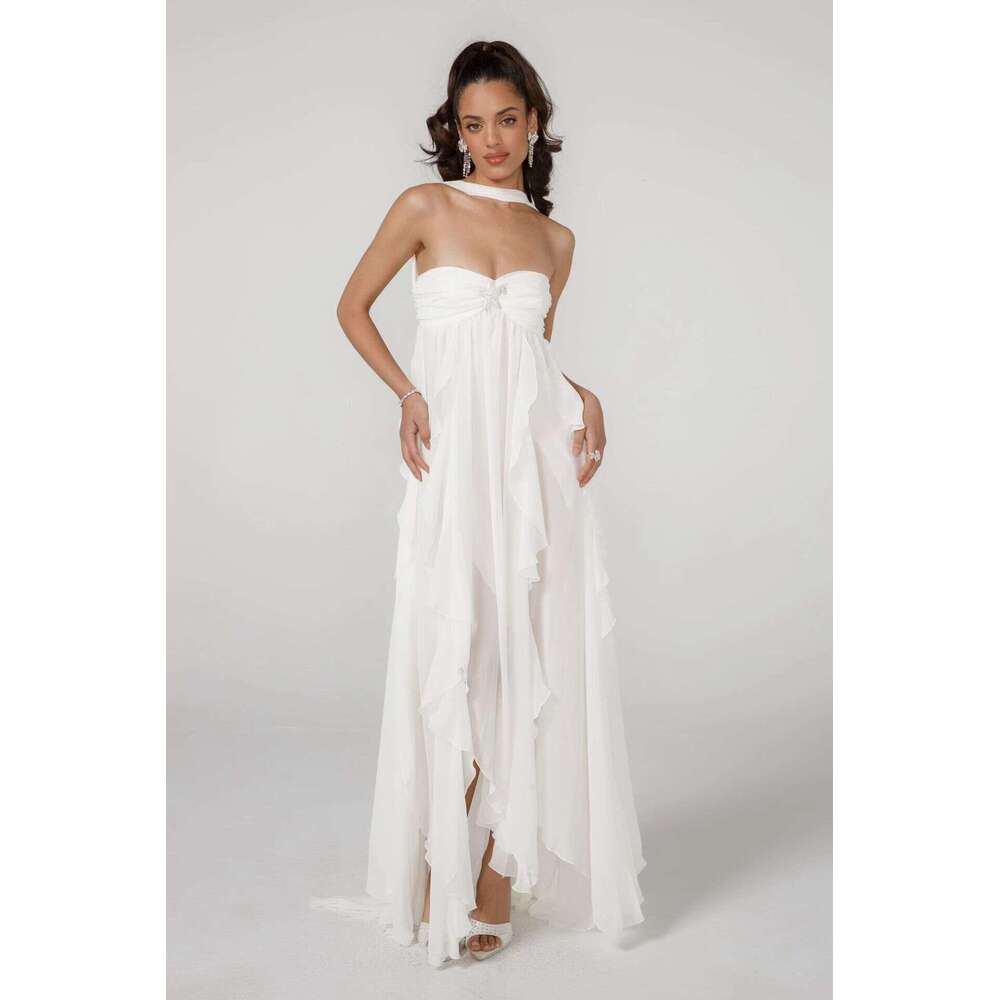 Fulllace Partydress French Style Neck Hanging Chiffon Formal Sexy Wrapped Chest Backless Star Decoration Irregular Ruffle Edge Dress Long Skirt