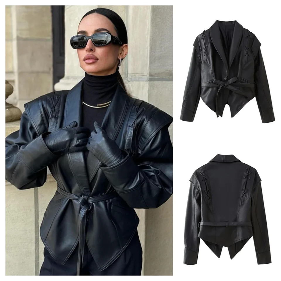 2024 autumn womens clothing irregular n with belt temperament waist cinched leather jacket PU short top 251114