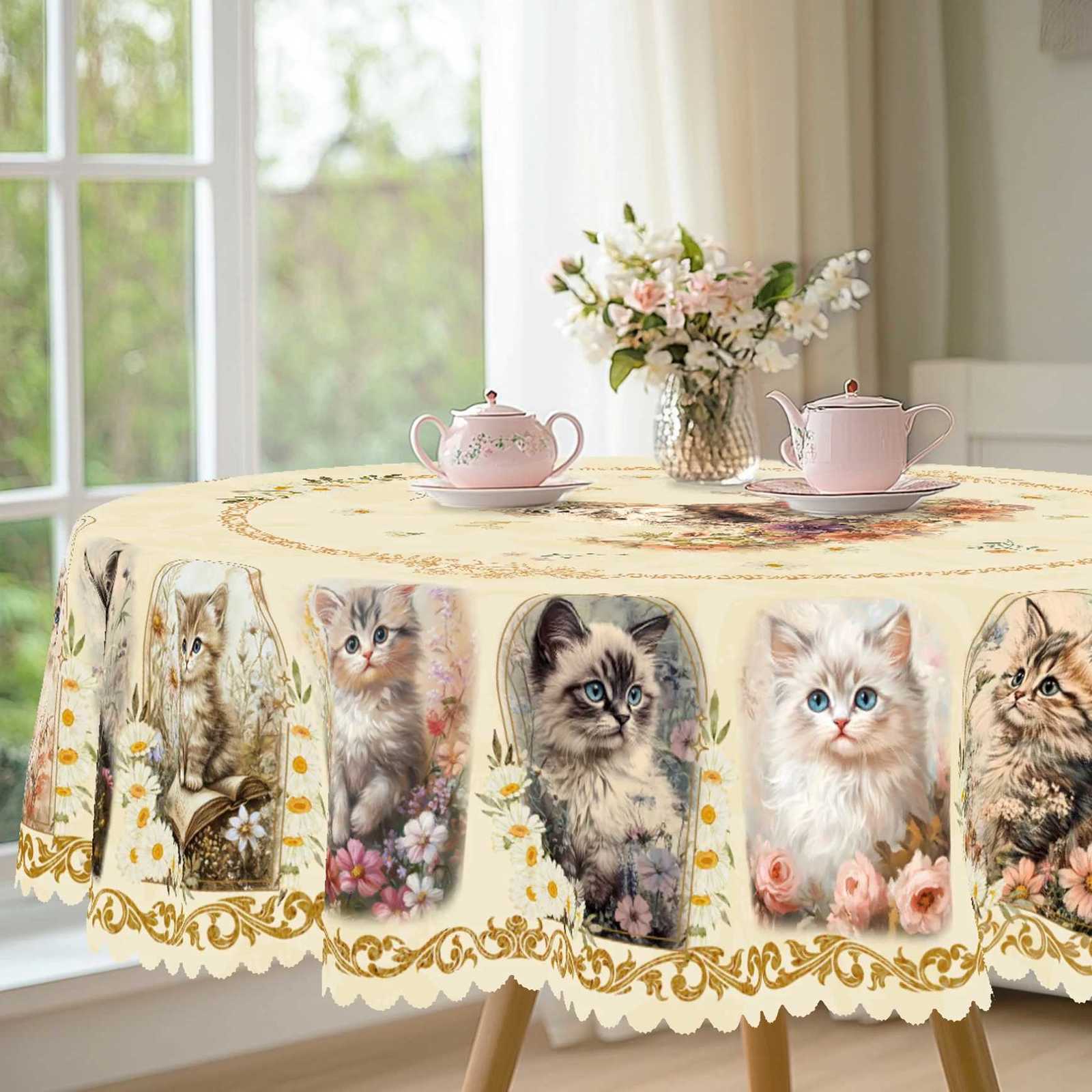 1 Piece of Spring Golden Retro Cat Print Round Tablecloth Cute Cat Flower Pattern Rectangular Decorative Tablecloth Party Decoration Home Kitchen C251