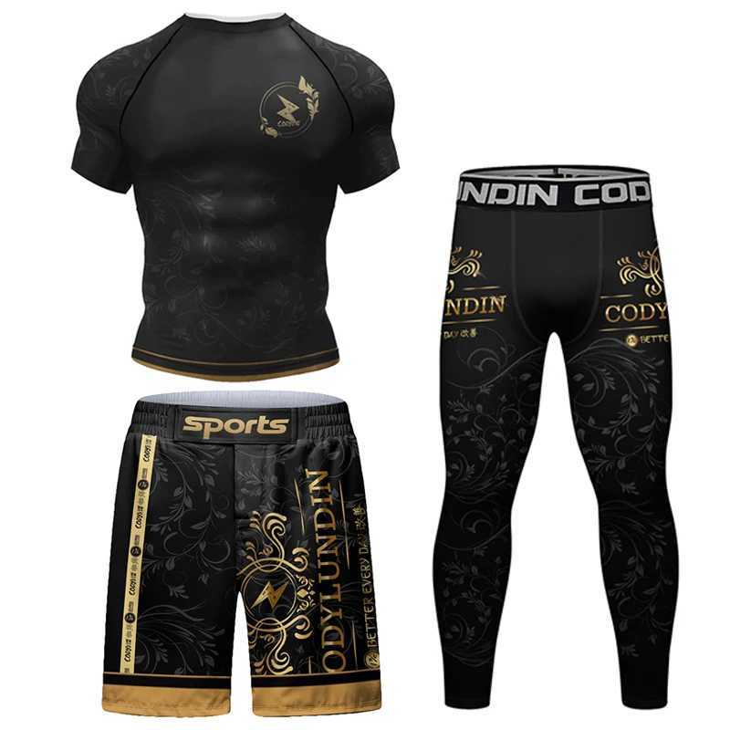 Mens track and field uniform MMA Rashguard Jiu Jitsu T-shirt+pants set fitness boxing jersey BJJ Muay Thai shorts gym Rashguard sportswear W250422