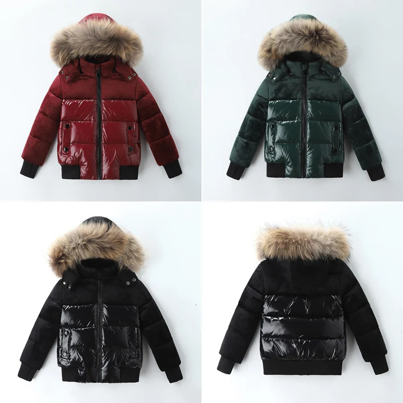 2023 Winter Style Childrens White Duck Down Jacket Real Raccoon Fur Collar Boys Girls Patchwork Flannelette Parka Coat 120 2501105