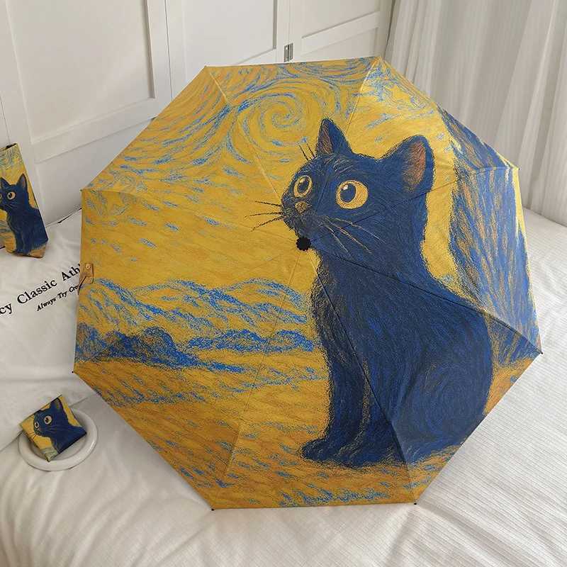 Yellow Blue Oil Painting Cat Folding Umbrella Rain Sun Dual-use Automatic Sun Umbrella Sun Protection And UV Protection PortableM251122