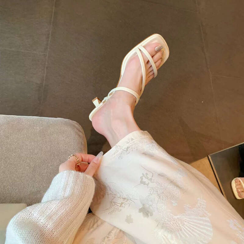 Grape Mom Island Evening Breeze~French Fine Belt Fairy Style Square Head Slim High Heel Sandals for Women to Wear Outside in Summer