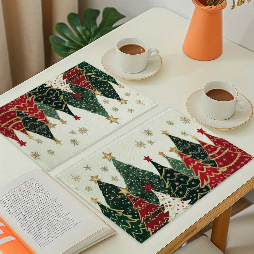 VIKAMA 4/6/8/10Pcs Christmas Tree Printed Placemats Washable Kitchen Table Mats Christmas Decorative Placemats C251122