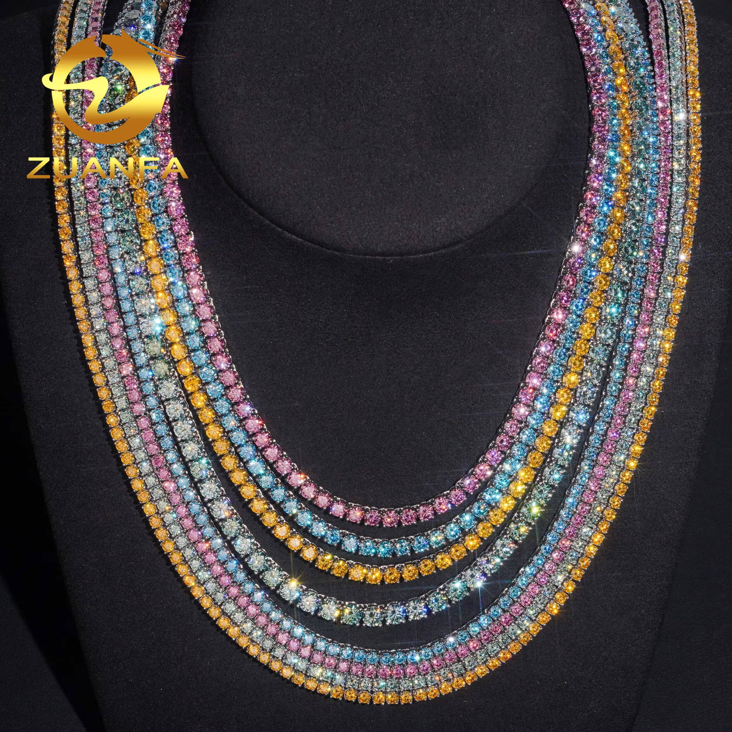 Color Moissanite 3mm 4mm 925 Silver Moissanite Tennis Chain Bracelet Fashion Hip Hop Jewelry Iced Out Tennis Necklace