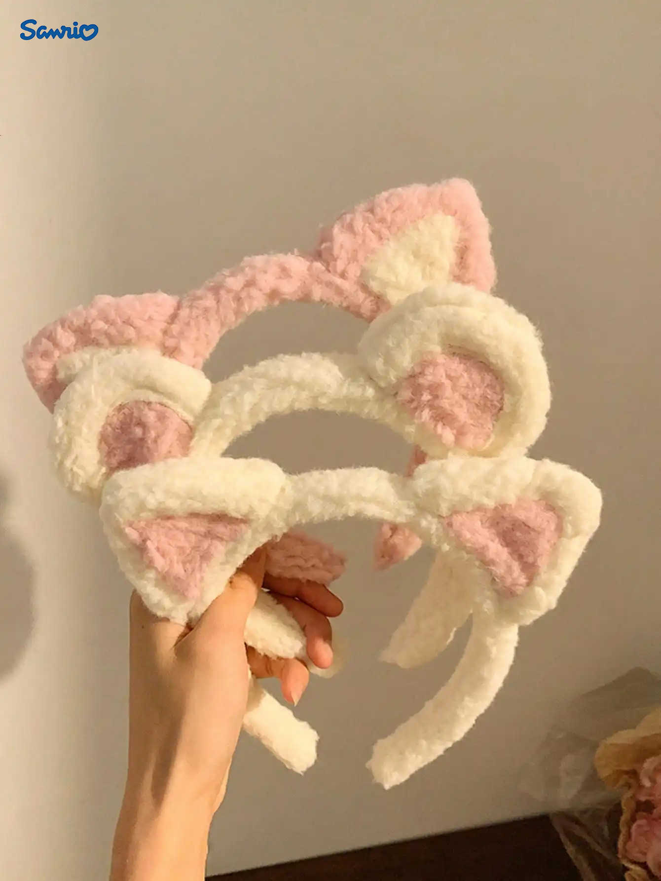 Sanrio 1pc Pink Cat Ear Plush Bear Face Wash Headband For Women Makeup Tool And Facial Mask Hairband Cute Hair Tie H251122