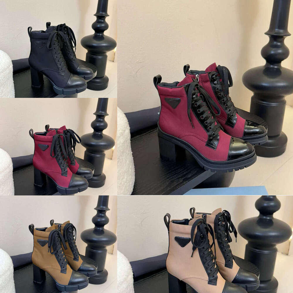 Luxury Designer Shoes women triangula mark leather canvas Lace-Up Chunky Heel Ankle boot Womens Platform Heel Motorcycle boots knight Martin boots fashion shoes