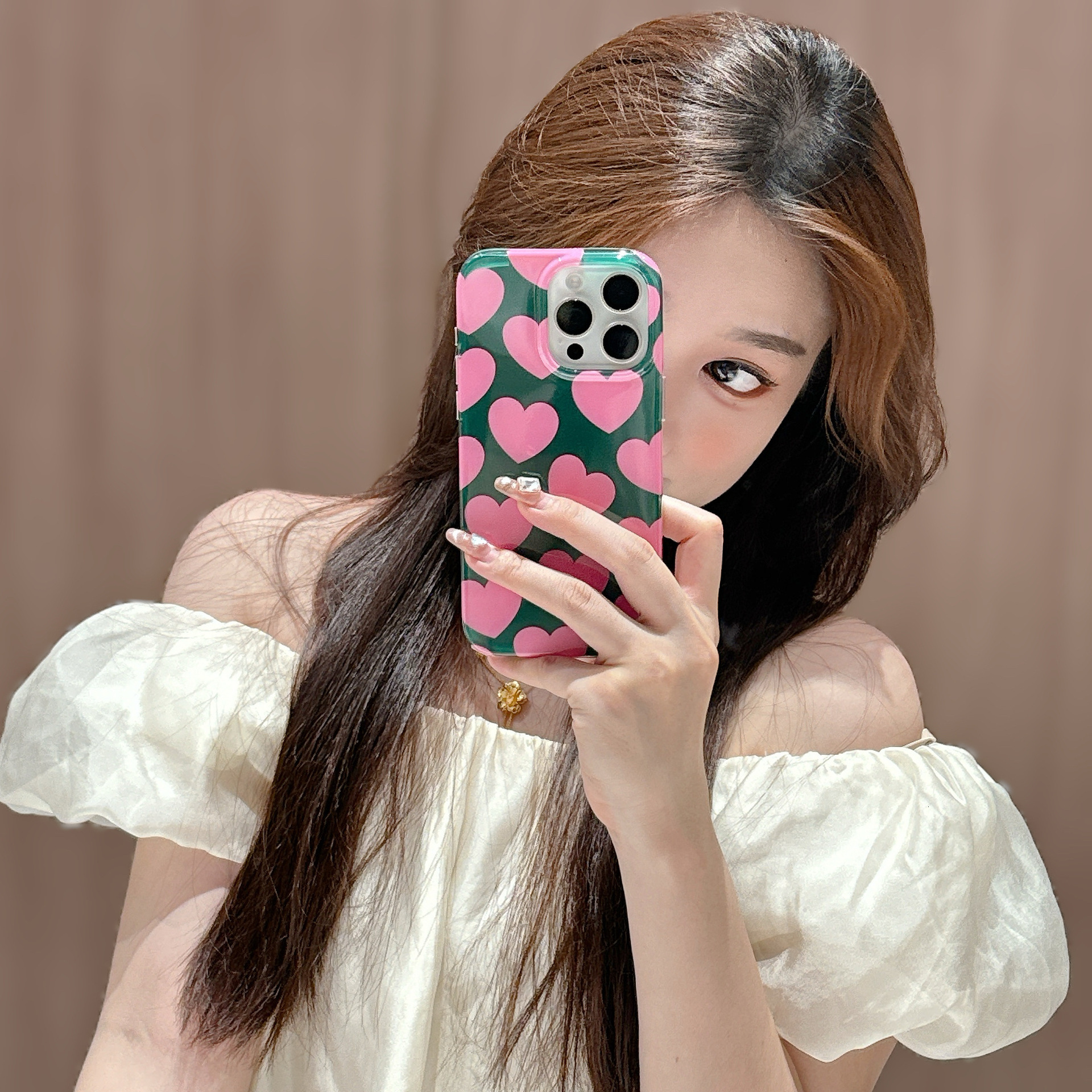 Green Background Full Screen Pink Heart Phone Case Compatible iPhone 16/15 Pro Max New Earthquake-proof Protective Case