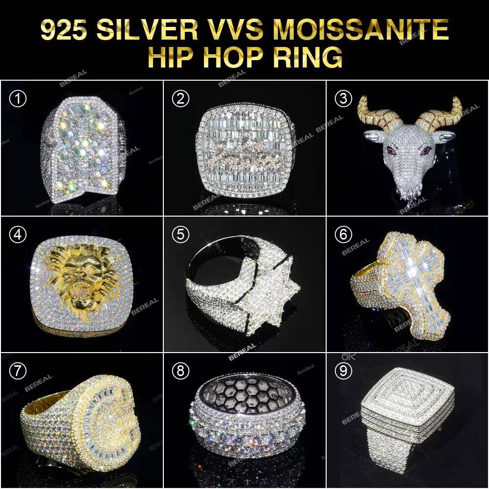 Wholesale Vvs Baguette Moissanite Hip Hop Diamond Six-pointed Star Men Ring Iced Out 925 Silver Diamond Cuban Link Cross Rings