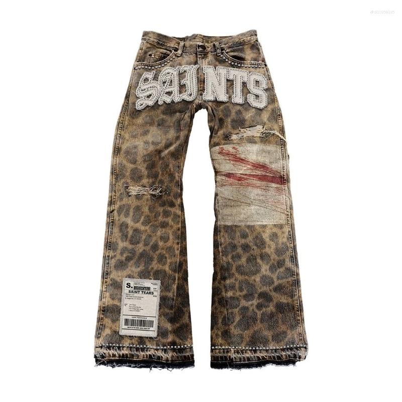 Men's Jeans Streetwear Vintage Leopard Print Ripped Men Women Harajuku Distressed Denim Pants Y2K Punk Letter Graphic Patch Trousers
