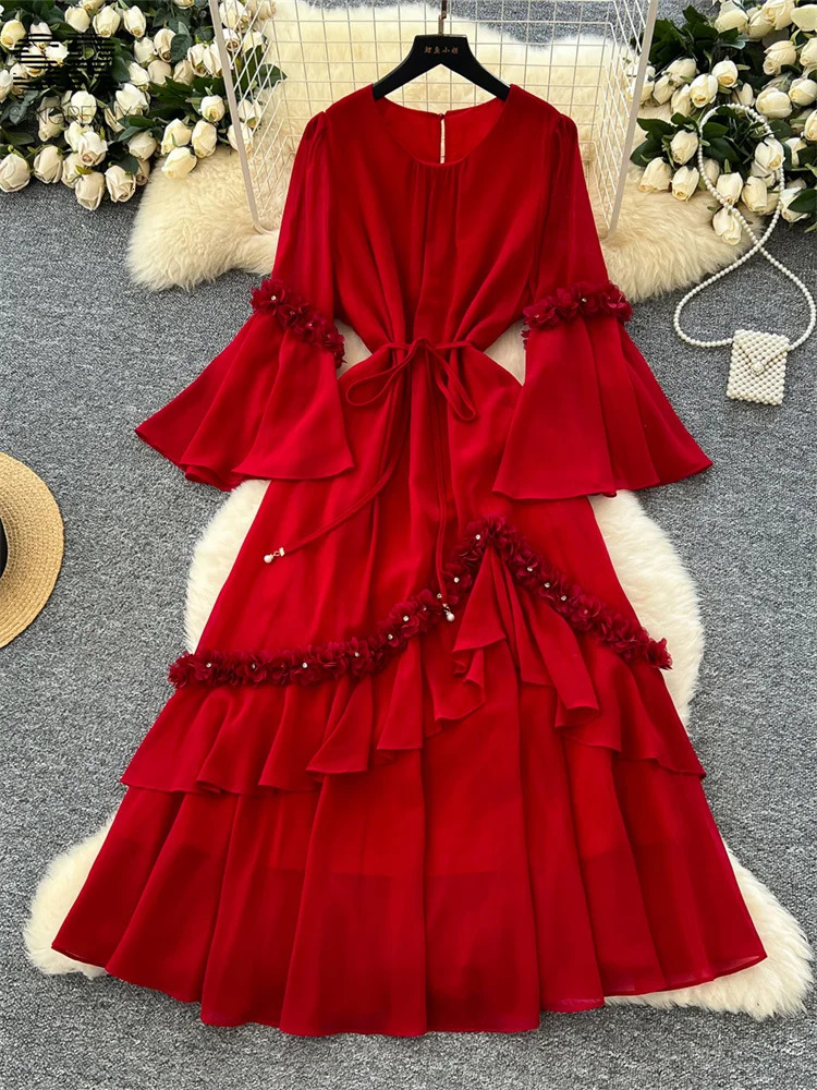 SINGREENY Elegant Beaded Party Long Dress with Sparkling Sleeves Lace Up n Button Solid High Quality 3D Flower Womens 250422