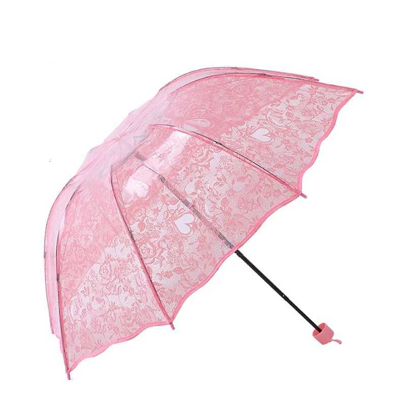 Three Fold Transparent Princess Women Rain Umbrella Romantic Lace Heart Print Thicken PVC Clear Umbrellas Lovers Girls GiftsM251122