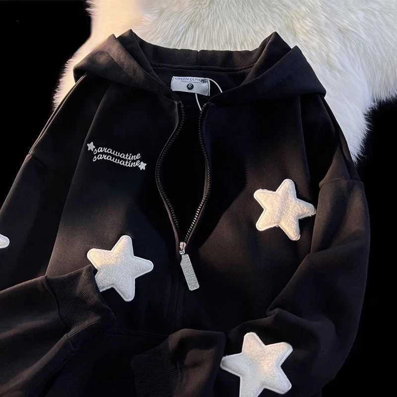 Y2k zipper hooded sweatshirt loose long sleeved jacket Kawaii clothing top Harajuku jacket casual Gothic cartoon patch work streetwear M250422