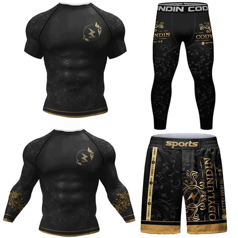 Mens track and field uniform MMA Rashguard Jiu Jitsu T-shirt+pants set fitness boxing jersey BJJ Muay Thai shorts gym Rashguard sportswear W250422