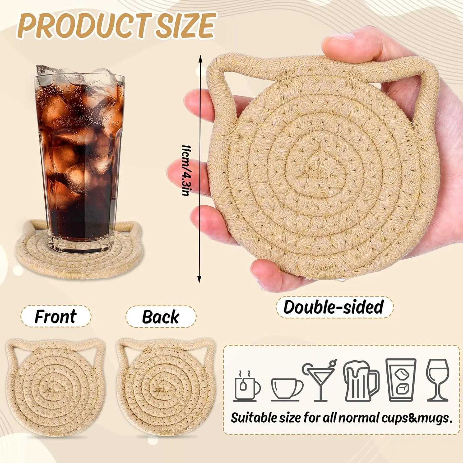 Cat Ear Coasters Set Brown White Handmade Braided Cotton Coasters Non-Slip Absorbent Drink Coaster with Holder C251122