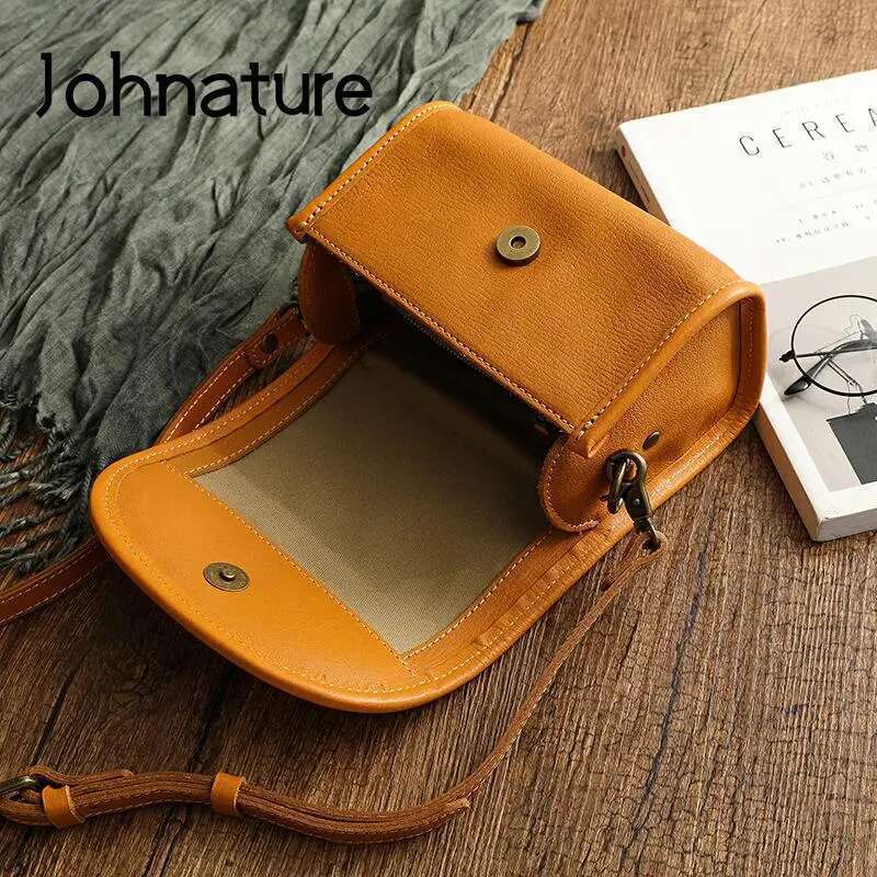 Johnature Genuine Leather Retro Small Bag Women New Soft Real Cowhide Simple Solid Color Shoulder Crossbody Bags Bag