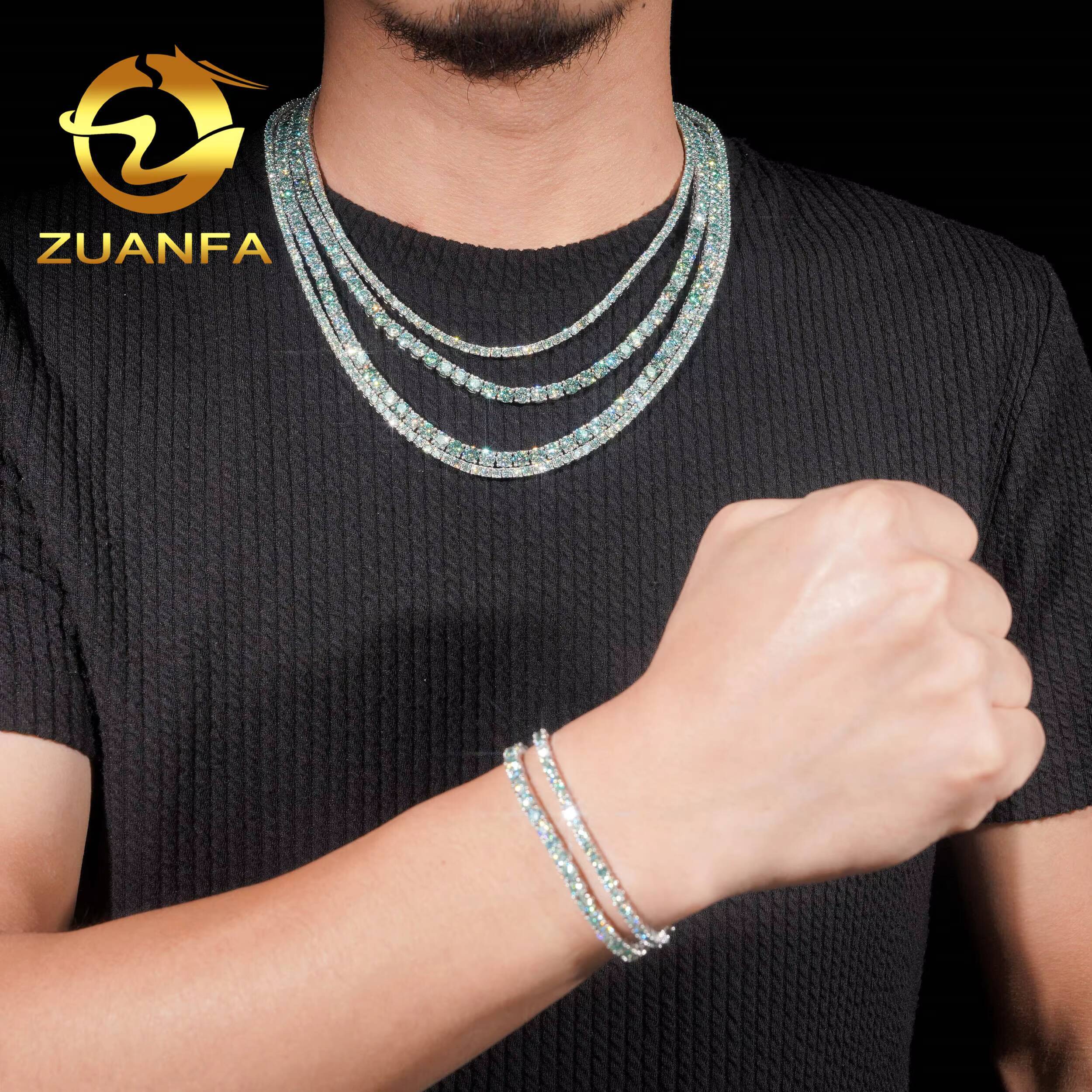 Original Color Not Coated Blue Green Color Moissanite Tennis Chain Necklace 3mm 4mm 925 Sterling Silver Iced Out Hip Hop Jewelry