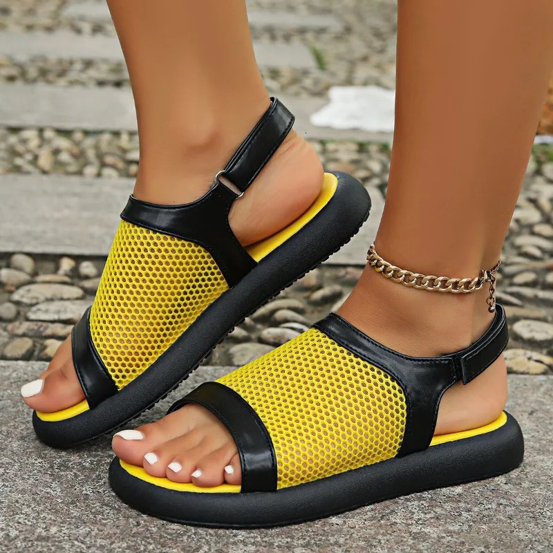 Womens sandals with flat hook and loop mesh upper womens casual beach Roman breathable large 250421BJ