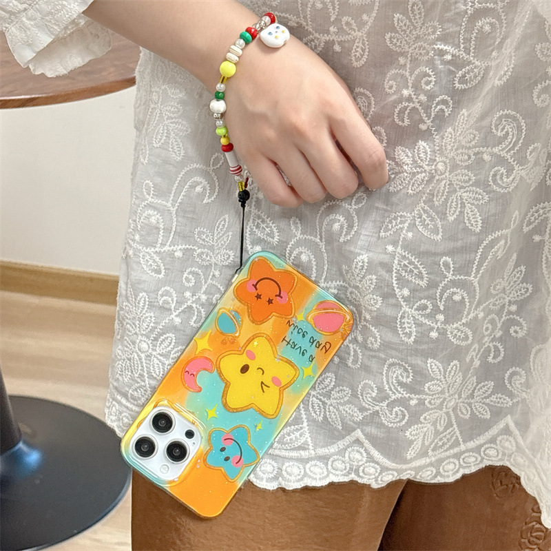 Gradient Moon Smiley Star Phone Case Compatible iPhone 16/15 Pro Max/ with Handheld Chain iPhone 14/13