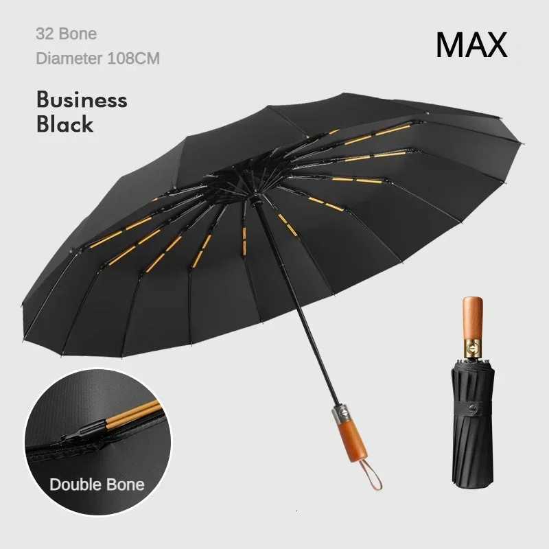 Windproof 32 Bone Business Umbrella for Men Fully Automatic Wooden Handle Large Folding Waterproof Sunshade Luxury UmbrellasM251122