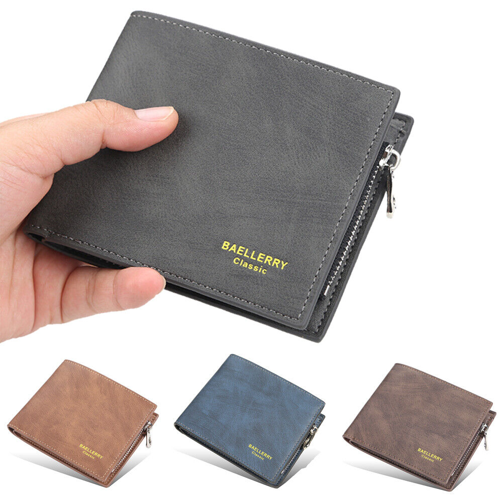 Men Slim Bifold PU Leather Short Wallet with ID Windows Vintage Front Pocket Purse Multi-card Holder with Zipper Coin Pockets