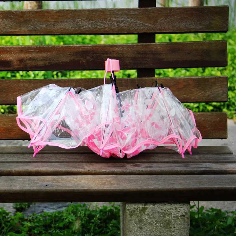 Thickening Transparent Three Fold Rain Umbrella Japanese Cherry Blossom Plastic PVC Clear Falbala Umbrellas Women parapluieM251122