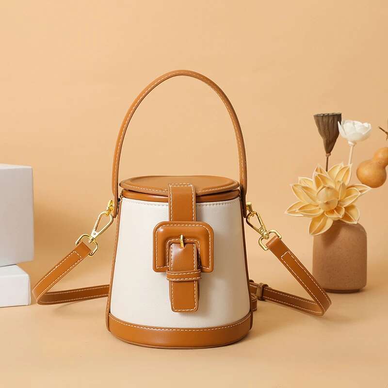 New Fashion Design Box Shape Cross Body Female Short Handle Cowhide Leather Women Small Shoulder Bucket Bag Bag
