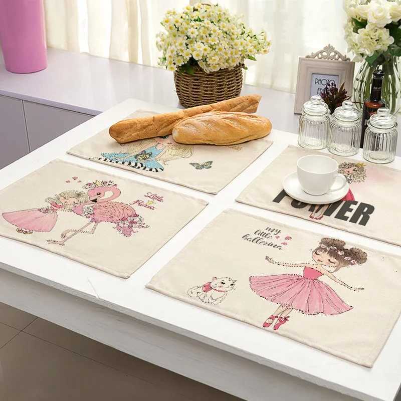 2Pcs Cute Girl Cotton Linen Pad Pattern Kitchen Placemat Kawaii Coaster Bowl Cup Mat Dining Table Mats 30x40cm Home Decor C251122
