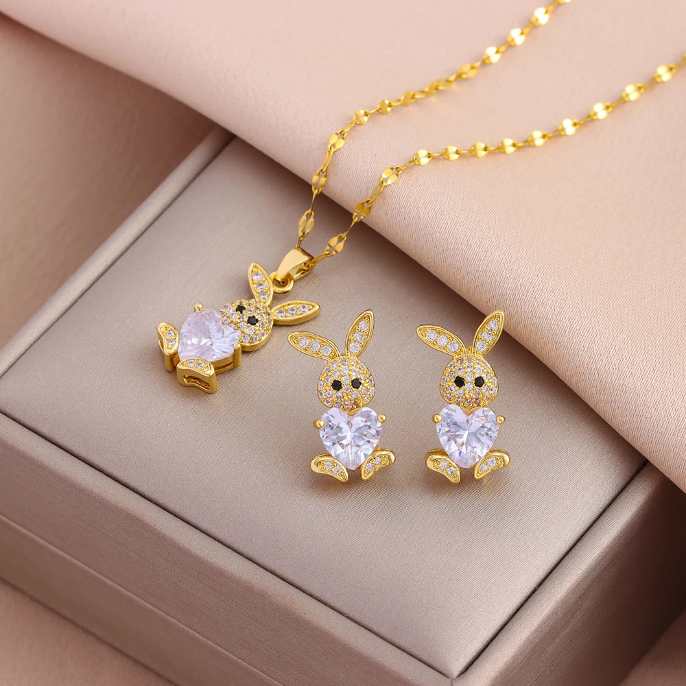 316L Stainless Steel Cute Zircon Rabbit Necklaces Earrings For Women Trendy Female Jewelry Set Girls Fashion Clavicle Chain 251114