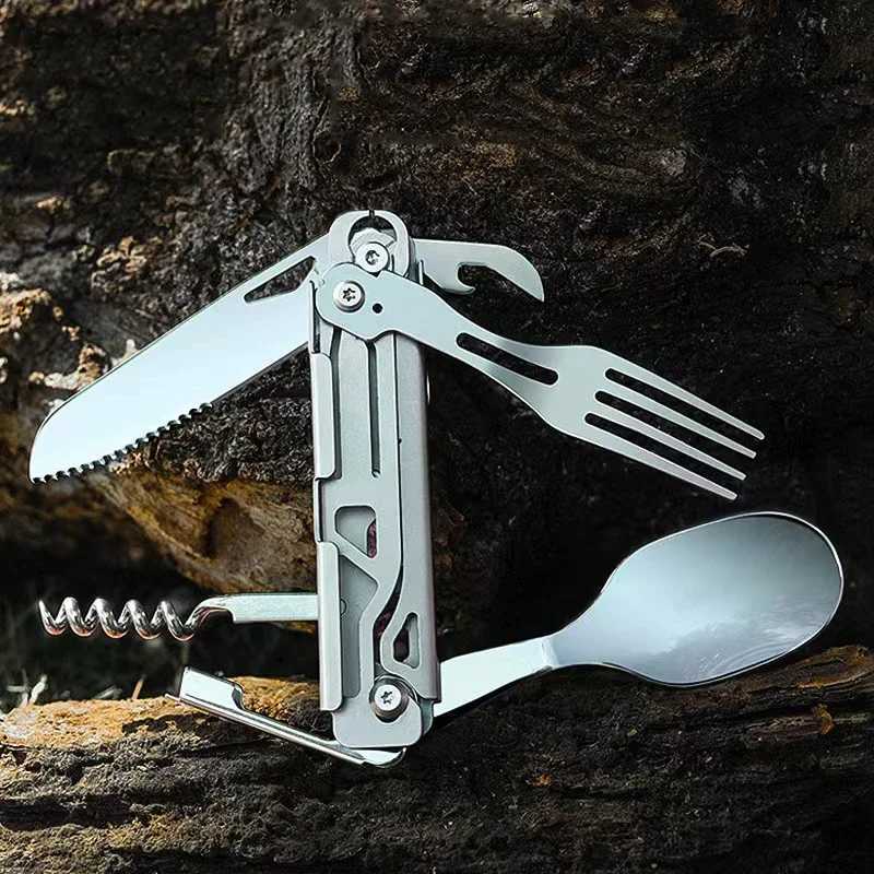 Multifunctional EDC folding outdoor tableware camping portable meal knife fork spoon bottle outdoor camping cookware titanium J251121
