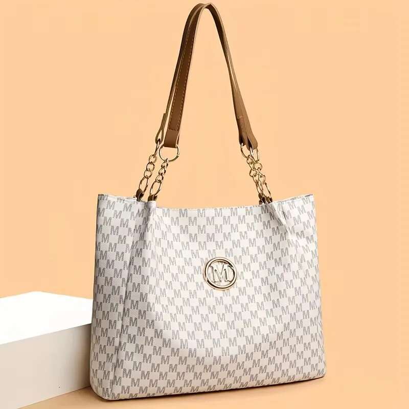 Vintage Geometric Tote Synthetic Leather Letter M Design For Women Handbag Shoulder Large Capacity Shopping Travel Bag Bag