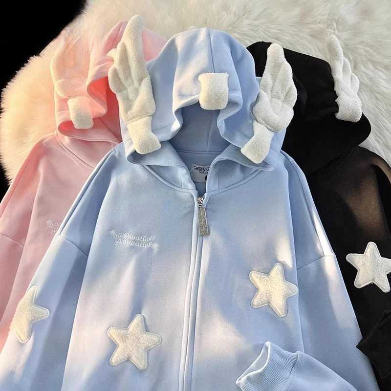 Y2k zipper hooded sweatshirt loose long sleeved jacket Kawaii clothing top Harajuku jacket casual Gothic cartoon patch work streetwear M250422