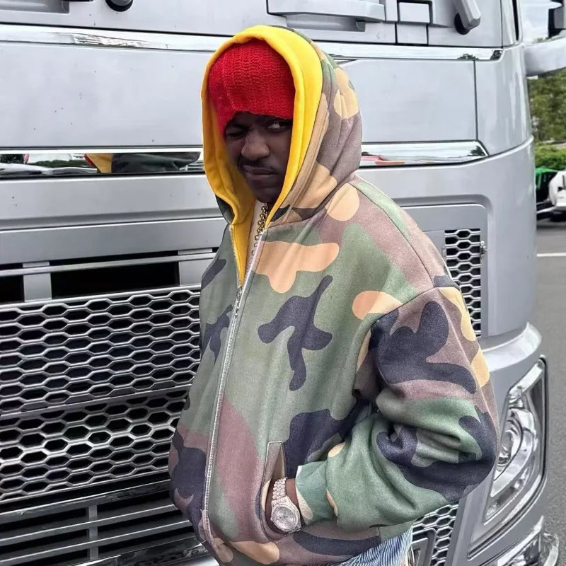 Street camouflage yellow splicing double-sided zip up hoodies men hip-hop Y2K Harajuku thickened warm winter sweatshirts 251120