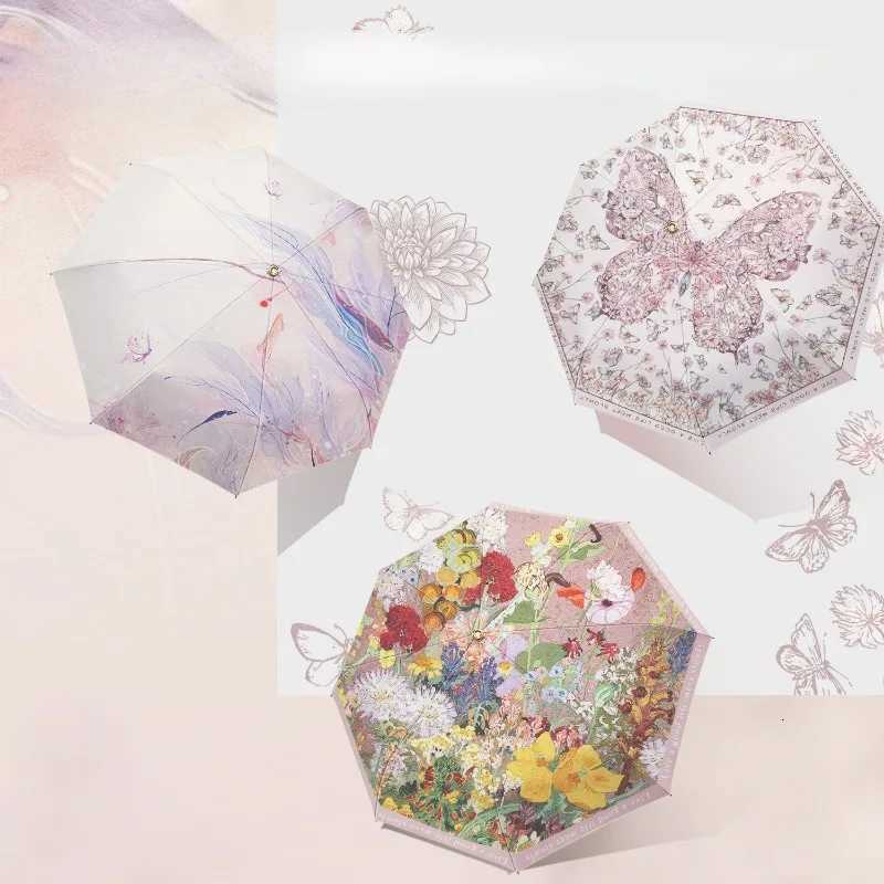 French Oil Painting Small Gold Hook Parasol Anti-ultraviolet Female Fair or Rain Umbrella Sun Umbrella Small and PortableM251122