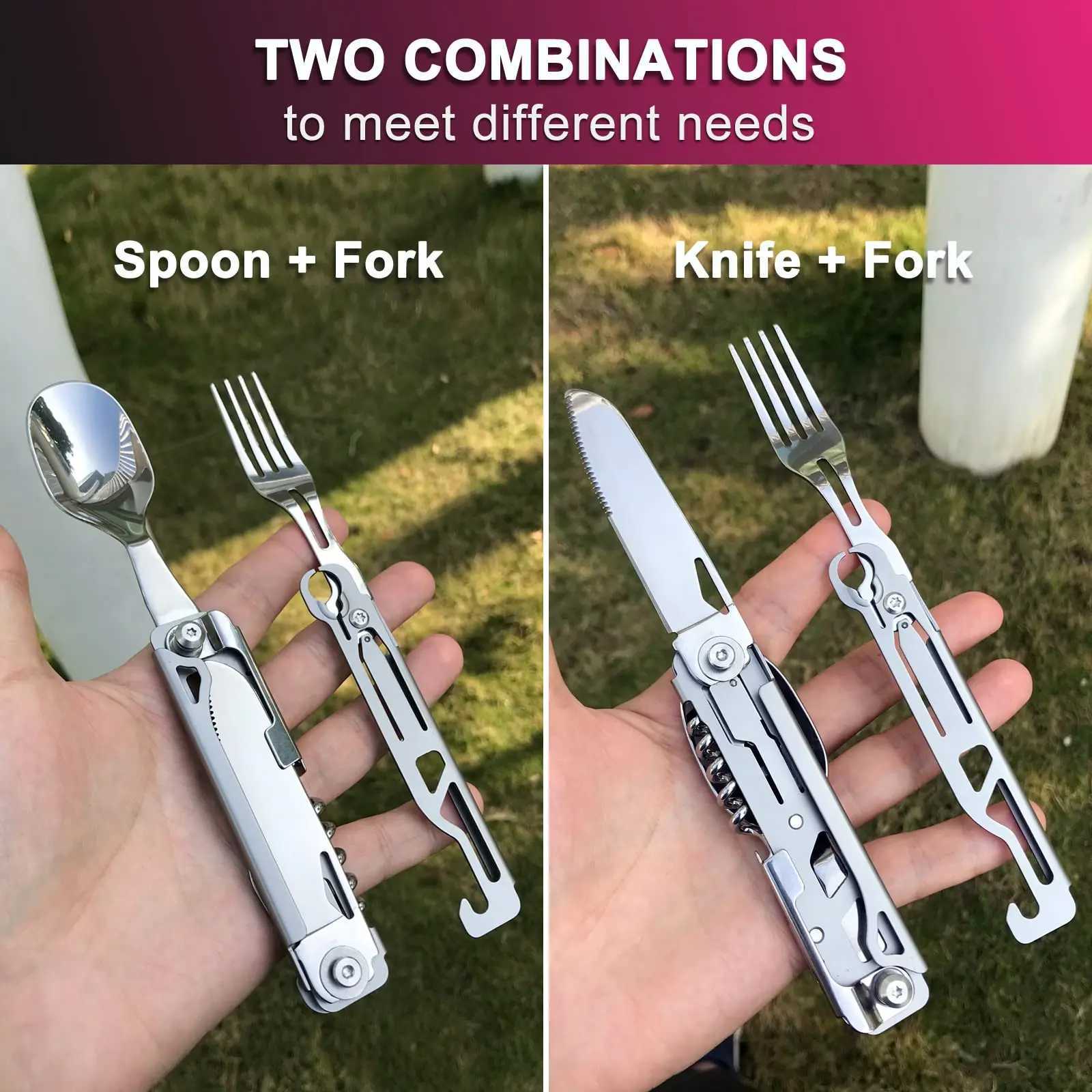 1 pc 6 in 1 Multifunctional Folding Outdoor Tableware Camping Portable Meal Knife Fork Spoon Bottle Outdoor Camping Cookware J251121