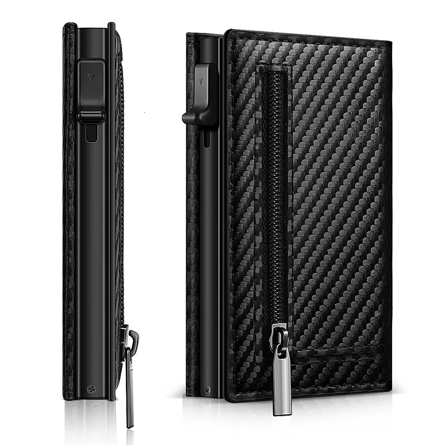 Mens Carbon Fiber Magnetic Card Clip Leather RFID Triple Fold Card with Zipper Wallet Pop Up Smart AirTag Wallet251119ww