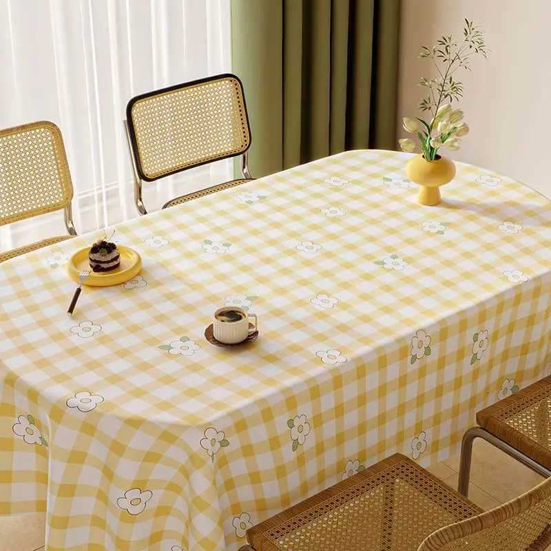 Fresh Style Leaf Pattern PVC Tablecloth Waterproof Oil-Proof Washable Rectangular Dining Table Cover Grid Luxury Tea Table Cloth C251122