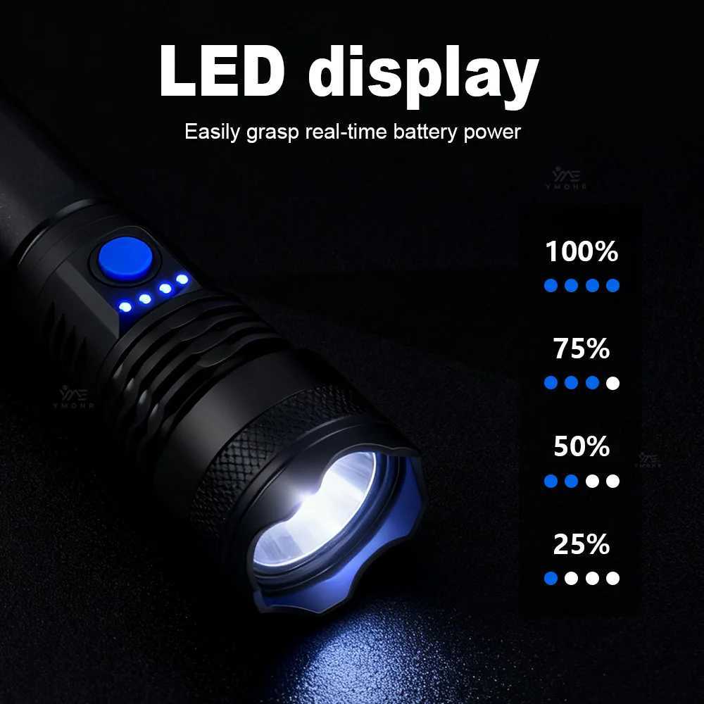 High Power Rechargeable LED Flashlight Portable Torch Waterproof Flashlights Power Display Outdoor Camping Hiking Fishing Light C251122