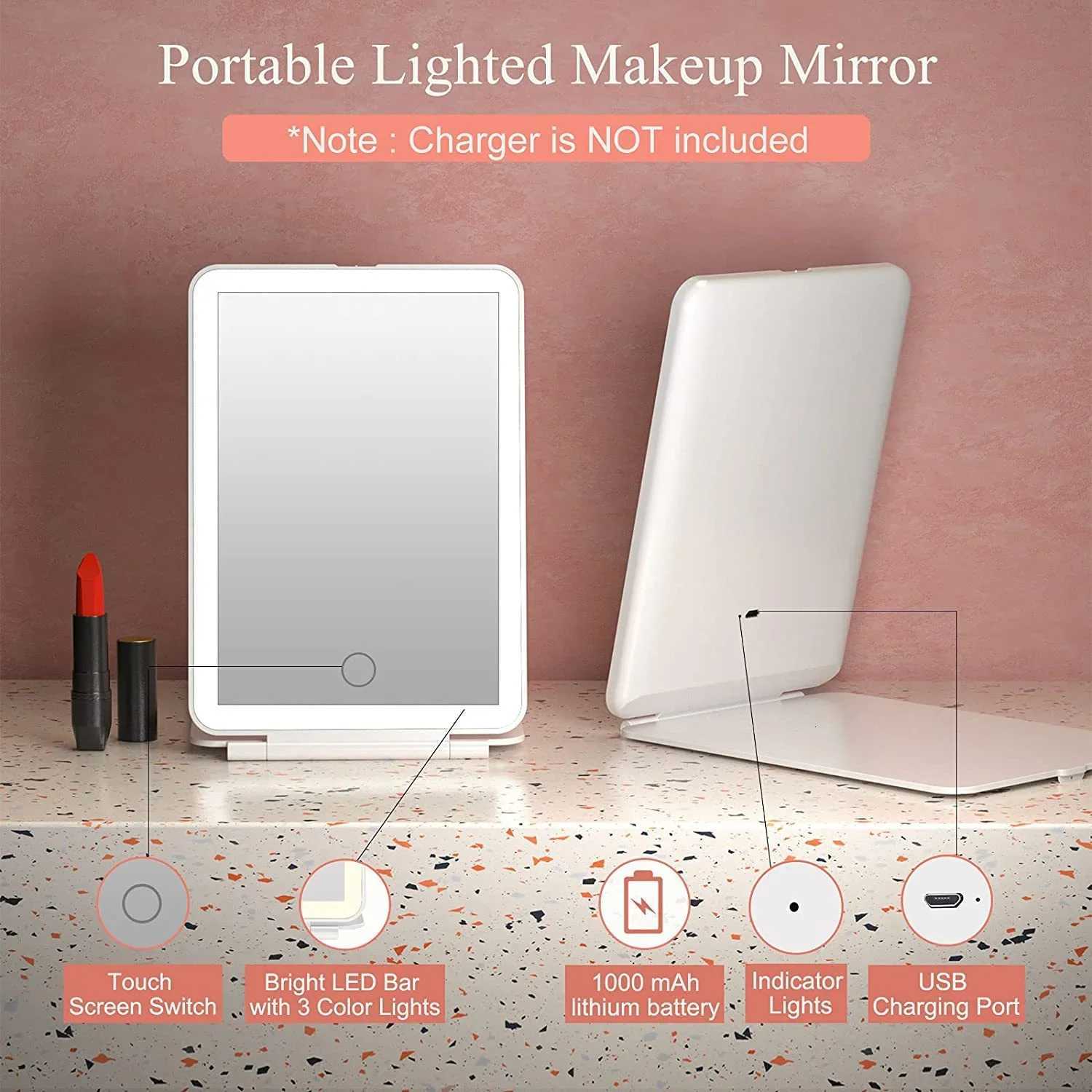 LED Foldable Travel Makeup Mirror 3 Colors Light Modes USB Rechargeable Touch Screen Portable Tabletop Cosmetic Mirror Handheld M251122