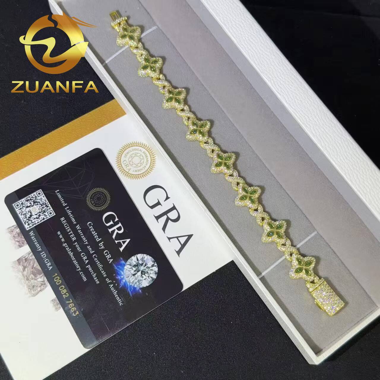 Emerald Green Moissanite 15mm Marquise Flower Hip Hop Jewelry Iced Out Bracelet 925 Silver Moissanite Diamond Bracelet