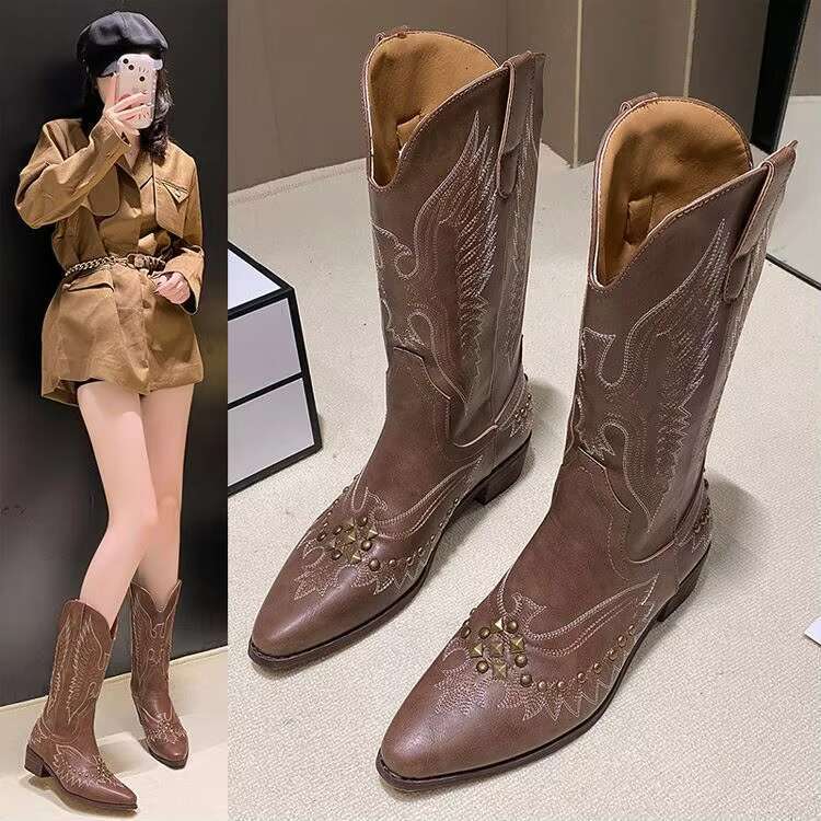 DHgadgets Western Custom Fashion Embroidery Party Countryside Knee High Cowboy Boots for Women