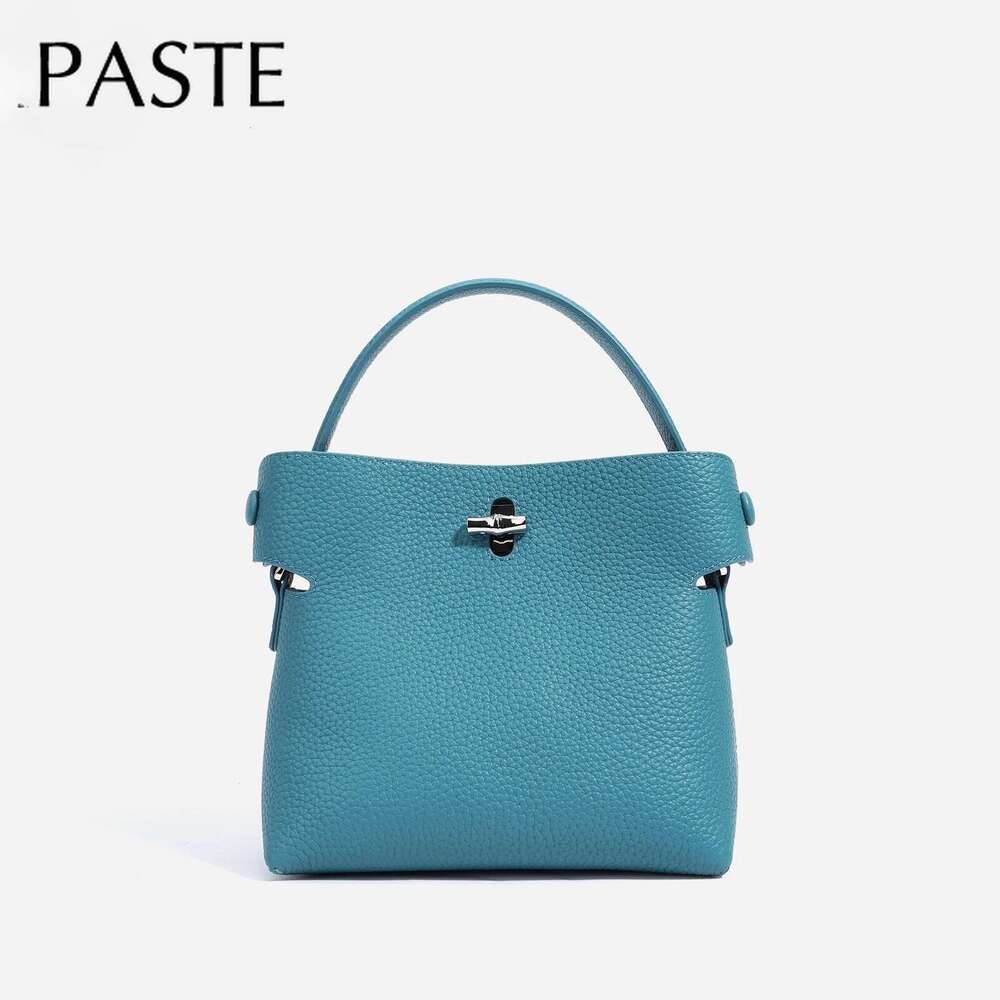 New Summer Blue Color High-End Small Bucket Tote Buckle Close Design Genuine Cow Leather Women Shoulder Bag Handbag
