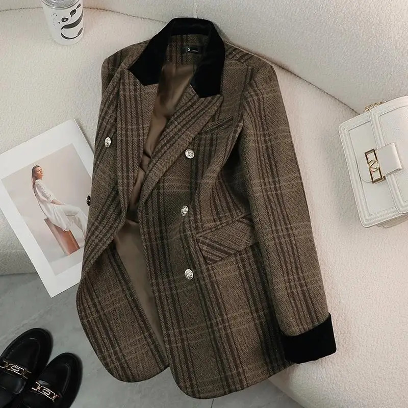 Autumn Winter Blazer Coats Woolen Jackets Long Sleeve Plaid Print Vintage Thick Outerwears Elegant Jaqueta Feminina 251112
