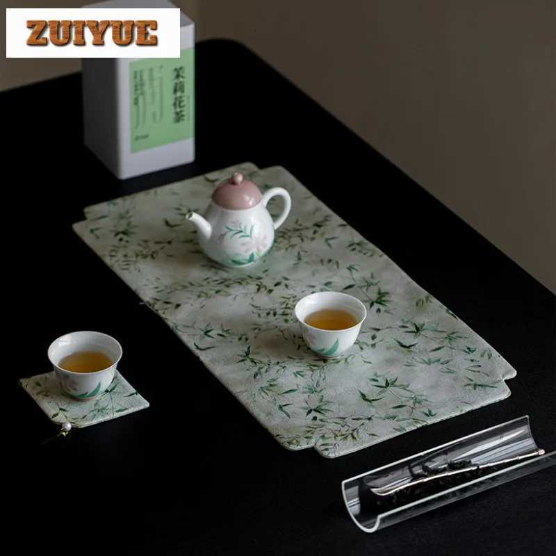 Brocade Embroider Little Green Bamboo Tea Table Mats Luxury Drink Coaster Dinner Table Cloth Mat For Tea Equipment Ornaments C251122
