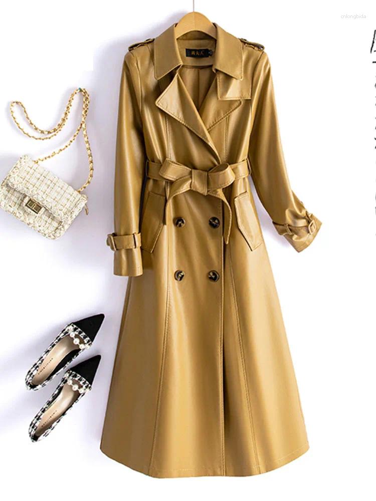 Womens Trench Coats Chic Double-breasted Lace-up Belt Genuine Leather Coat For Women Mid-Length Real Sheepskin Outwear Fall Winter